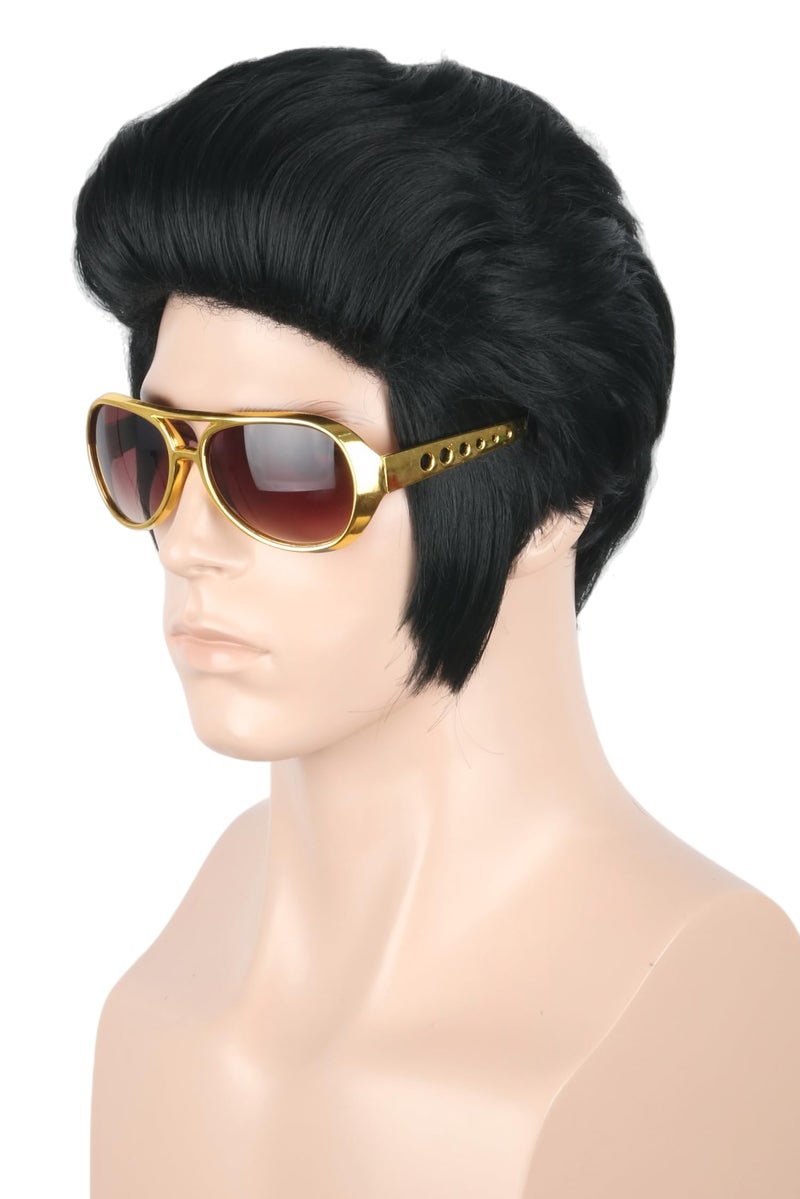LeMarnia Men's Costume Wig Black Short Disco Wig 50s Rock Singer Wigs for Halloween Party Cosplay - Image 1